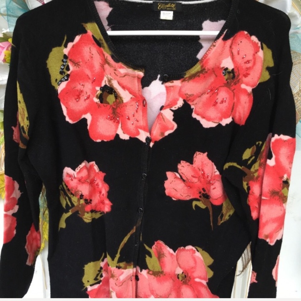 ELIZABETH New York Vintage Beaded Floral Print Cardigan size M EUC - Picture 2 of 12